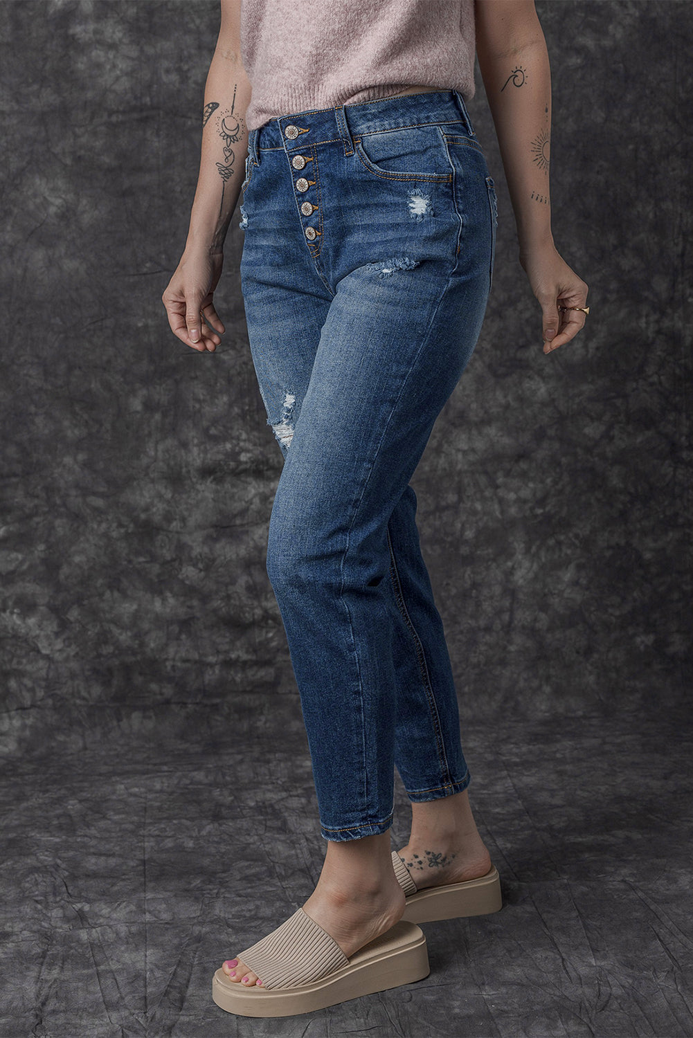 Women's Jeans Featuring Fly High-Rise Distressed Button