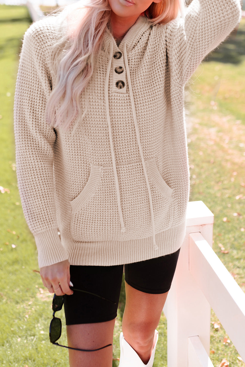 Women's Hooded Sweater with Buttons Waffle Knitted