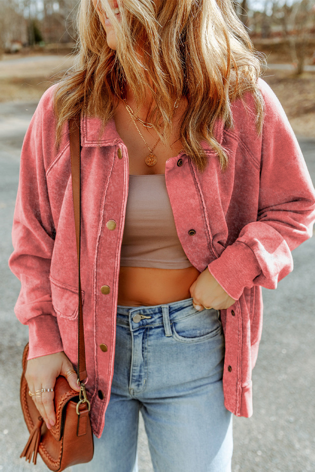Women's Vintage Washed Flap Pocket Button Red Shacket