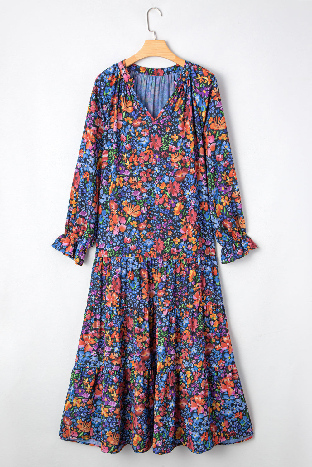 Floral-Print V-Neck Tassel Tie Long-Sleeved Flowy Long Dress