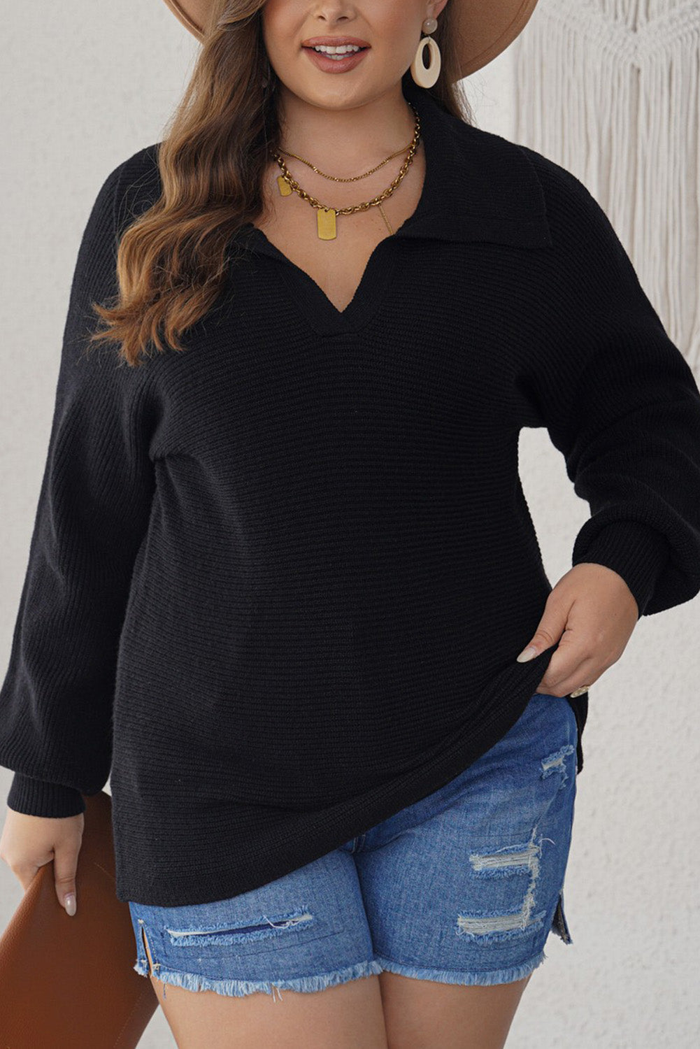 Women's Knitted Lapel Collar Curvy Rib-Knitted Sweater