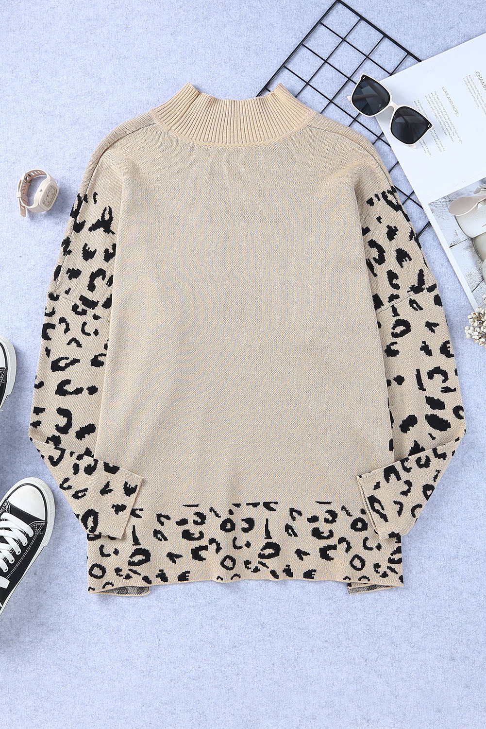 Women's Leopard-Print Side Slit Oversized Sweater