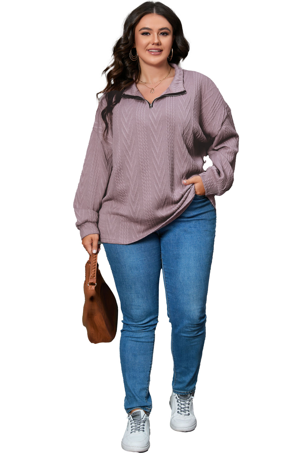 Women's Pullover with Zip Neck Plus Size Knitted