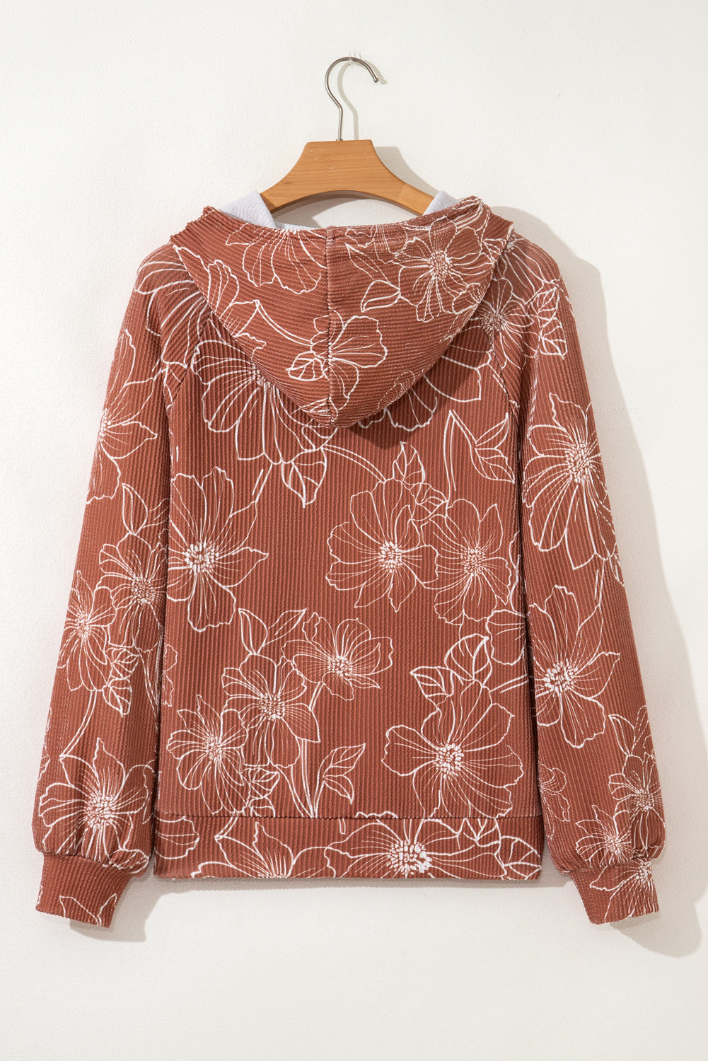 Rib Floral Twisted Drawcord Kangaroo Pocket Hoodie