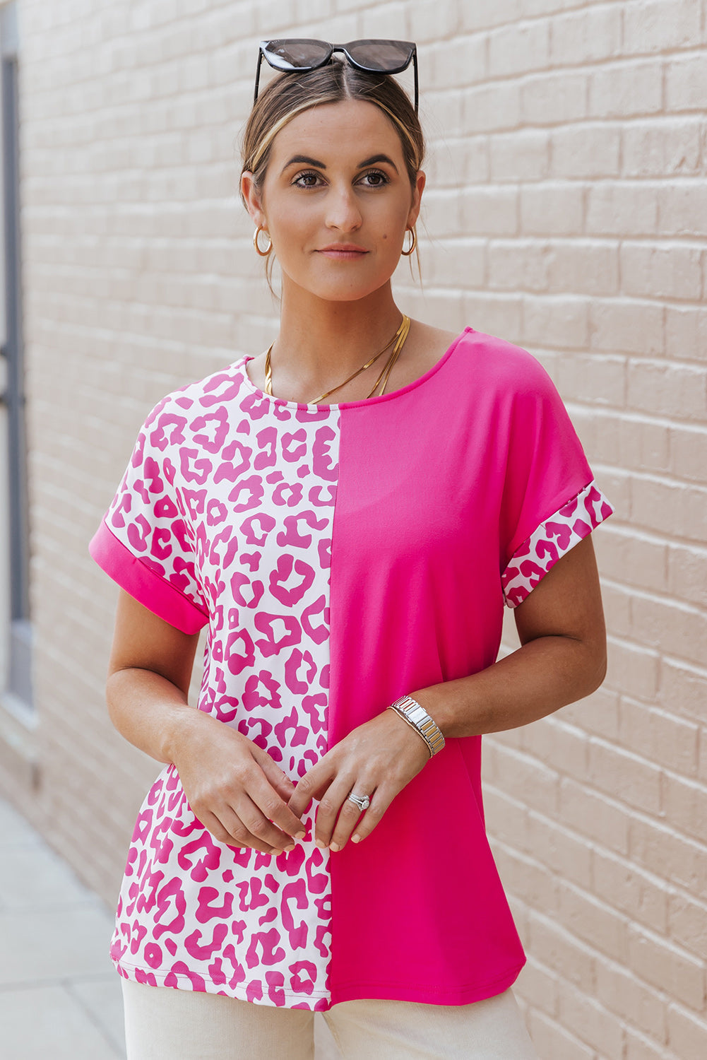 Women's Top with Patchwork Half Leopard-Print