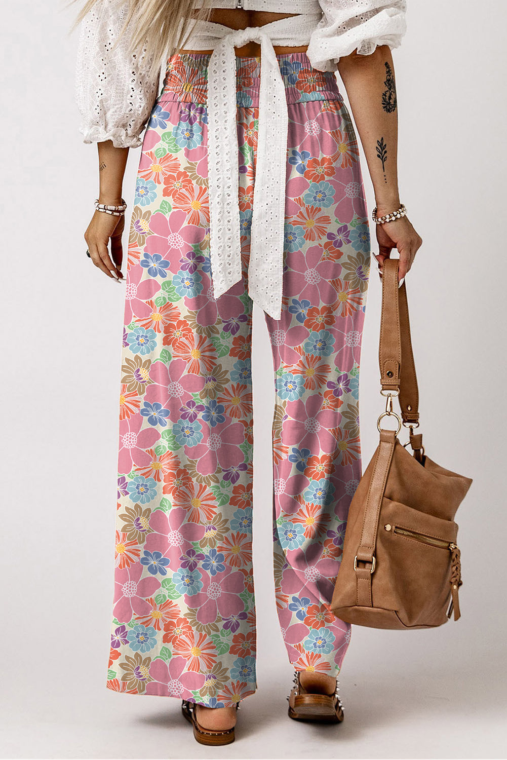 Women's Pants Featuring Shirred-Waist Loose Floral-Print