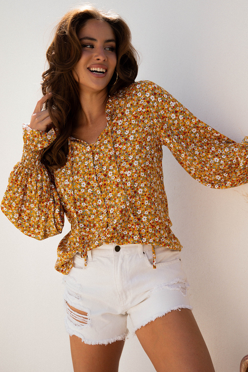 Ruffled Boho Floral Bubble Sleeve V-Neck Fall Blouse