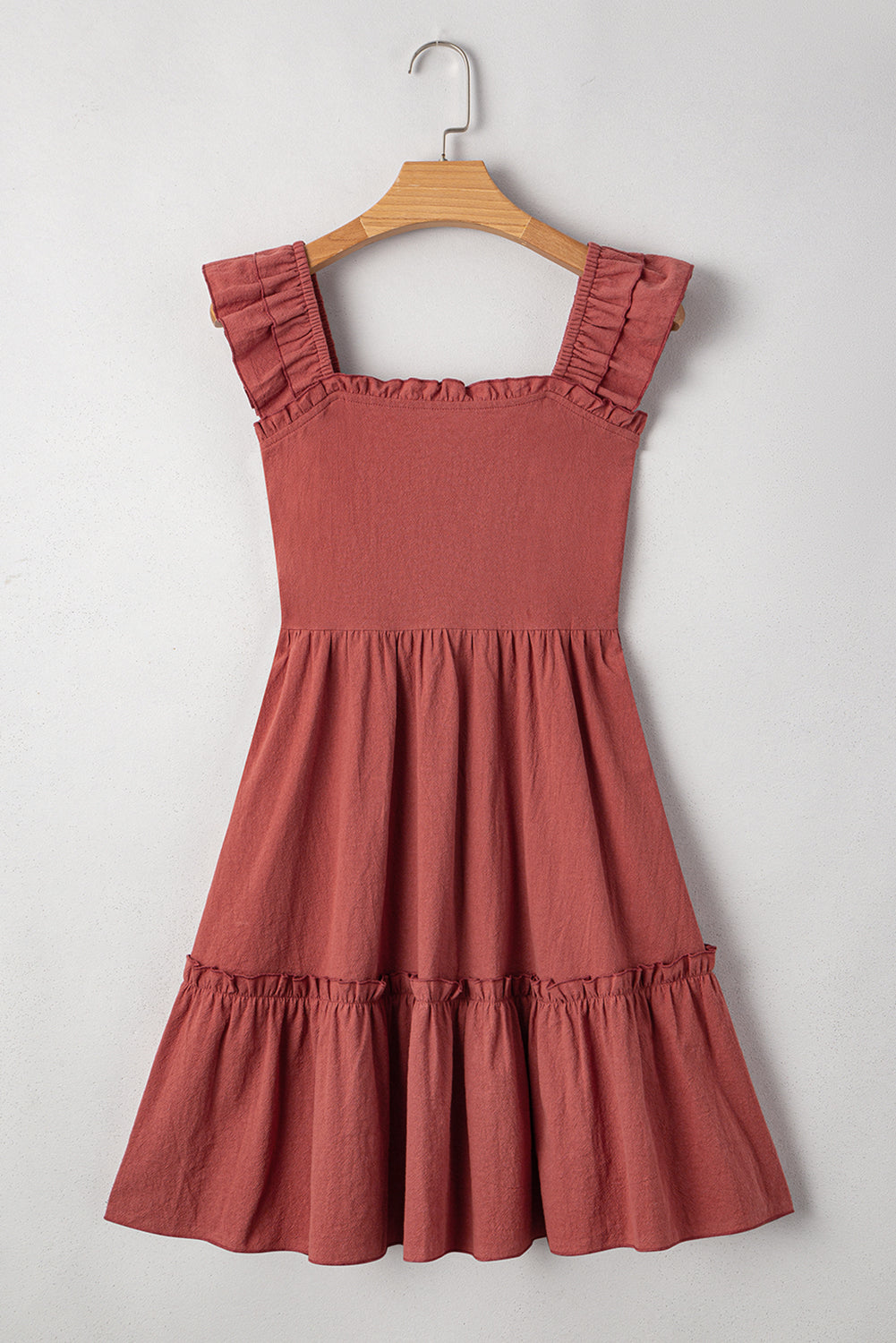 Geometric Stitch Shirred Bodice Ruffled Trim Sleeveless Mini Dress