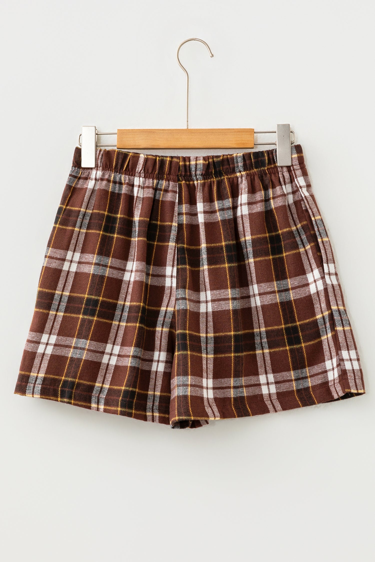 Button Front Plaid Front Elastic Waist Shorts in Brown