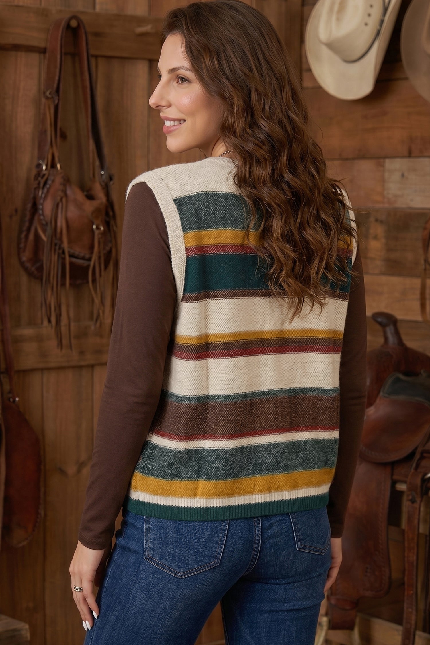 Striped Button Front Sleeveless Knit Timeless Fit Knit Top Vest in Multicolour