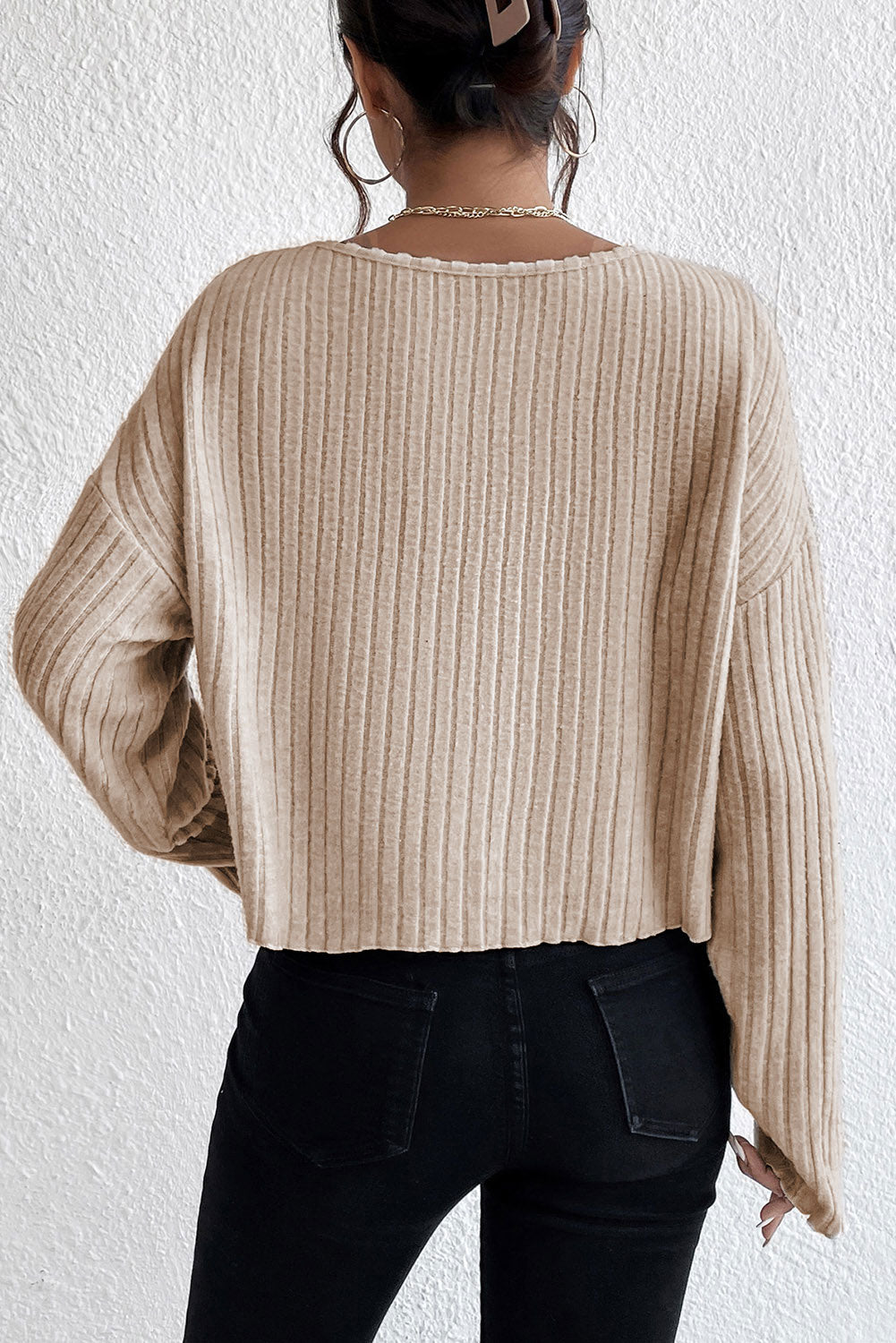 Women's Lettuce Cuffs Loose Rib-Knitted Knit Top