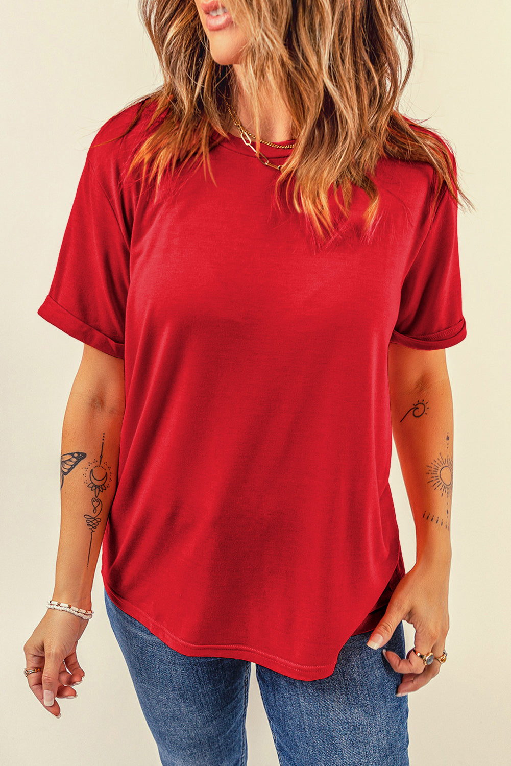 Women's Tee with Red Everyday Plain Crew Neck