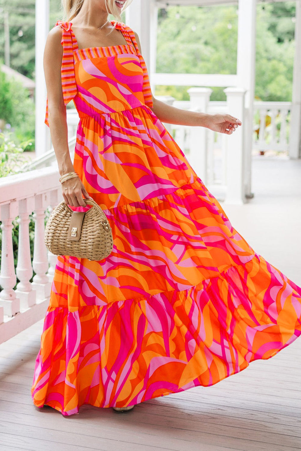 Red Abstract Print Knotted Shoulder Maxi Dress