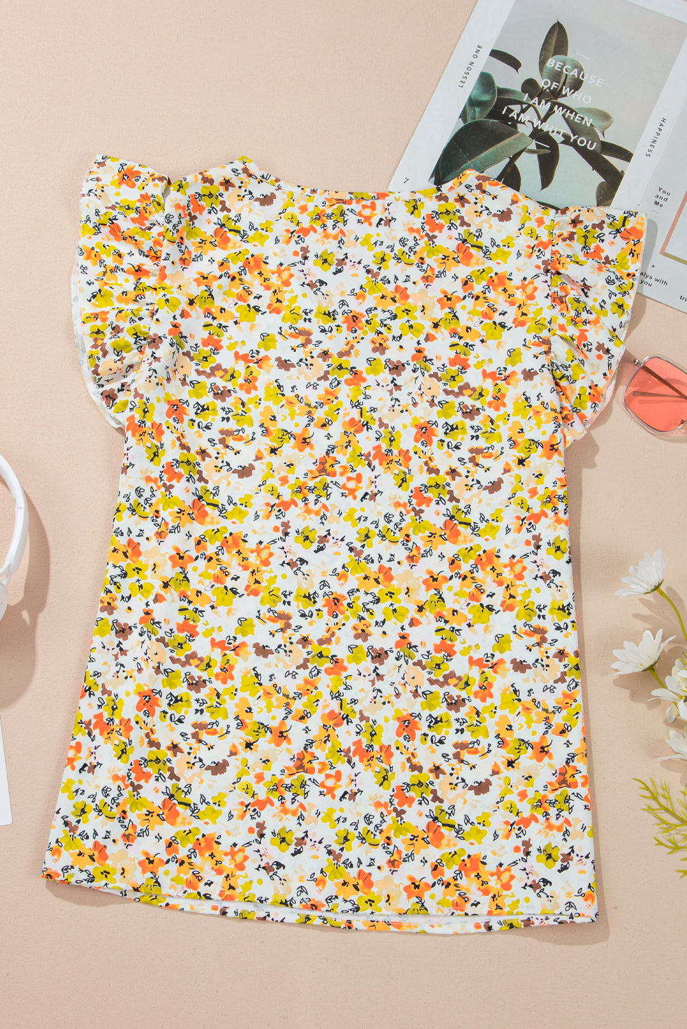 Floral Print Ruffled Sleeveless V Neck Tank Top