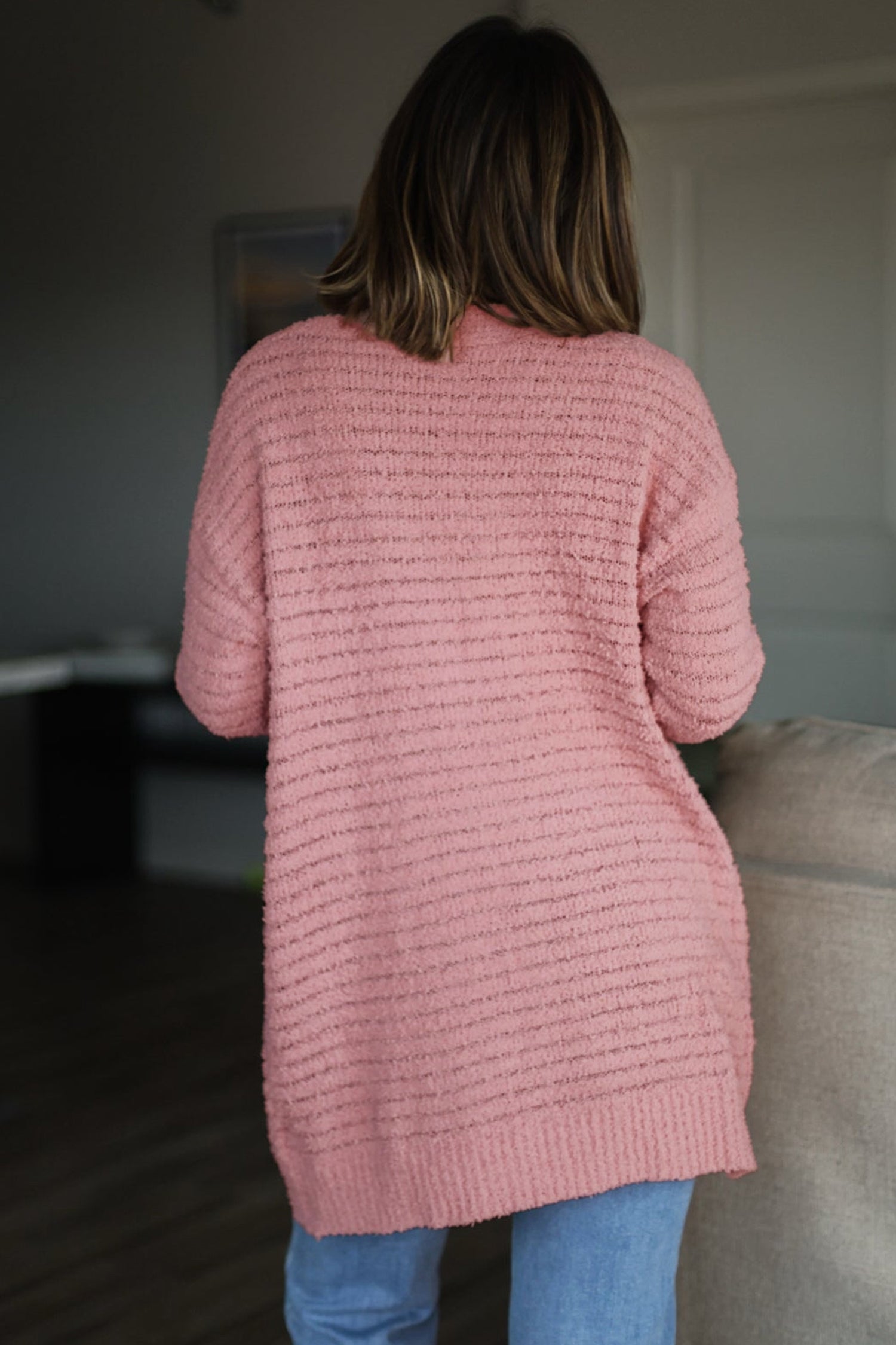 Open-Front Soft Fuzzy Rib-Knit Cardigan Knit Top in Light Pink