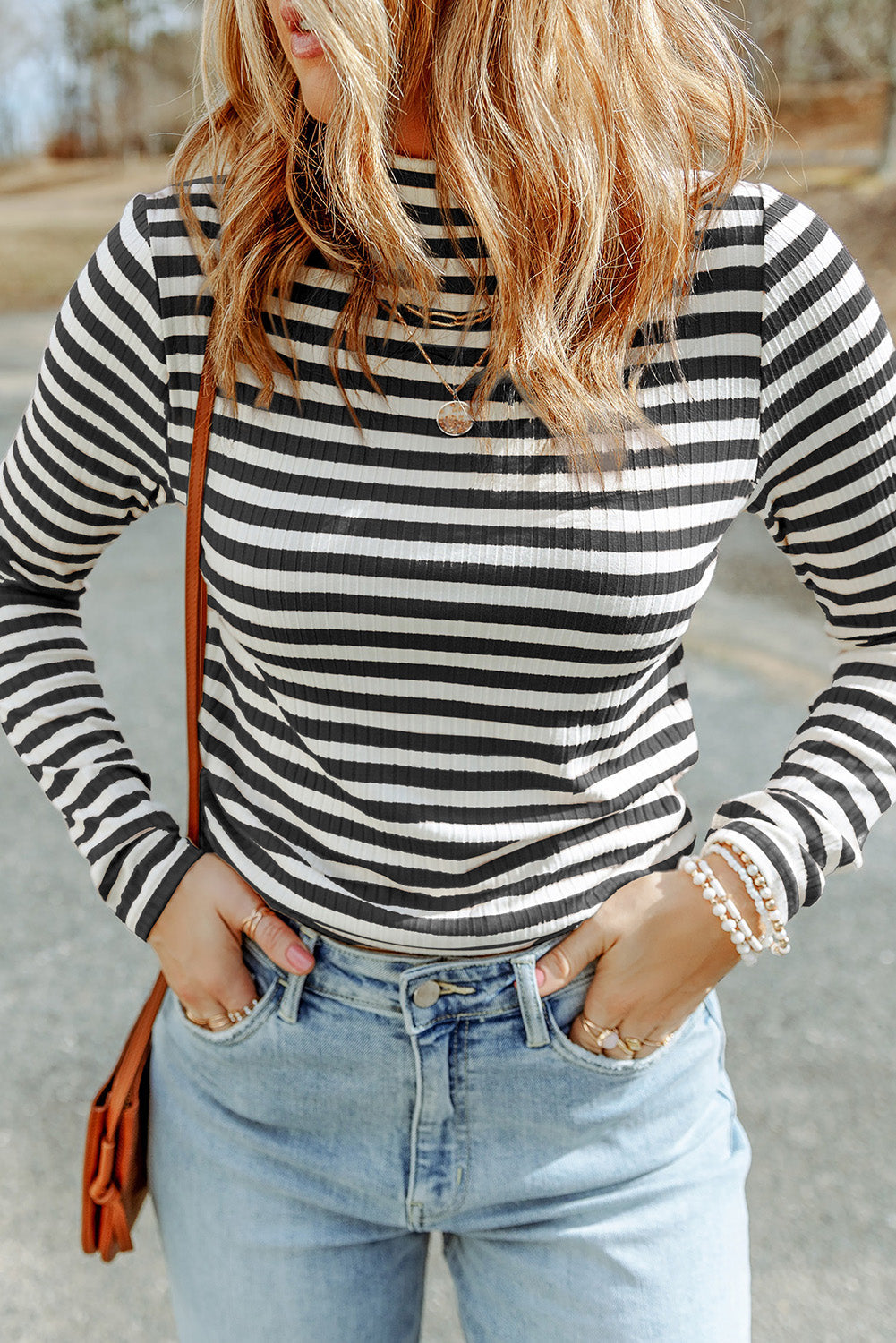 Women's Tee with Long-Sleeve Striped Textured Knitted
