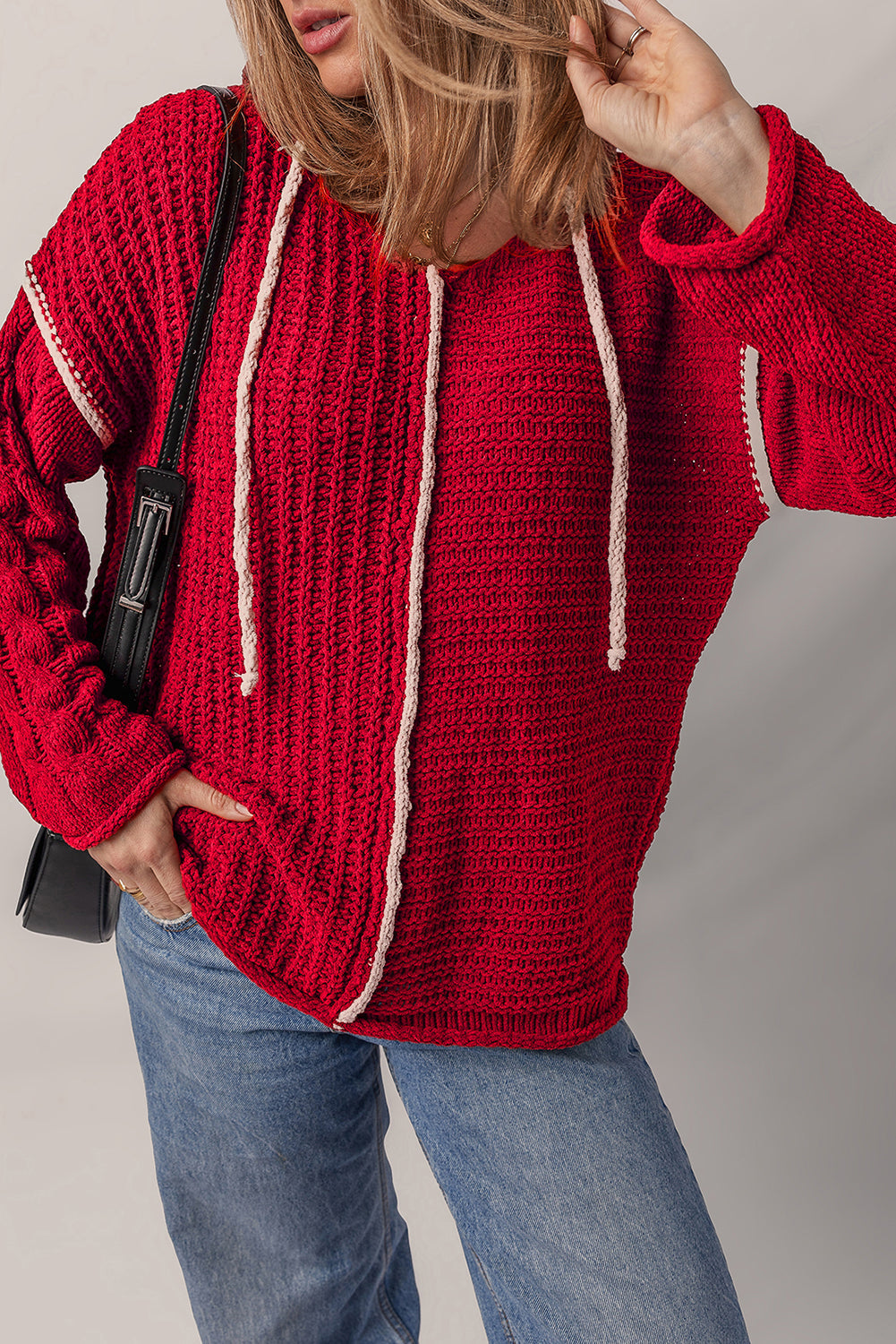 Contrast Trim Color Trim Textured Knit Drawcord Hooded Knit Top