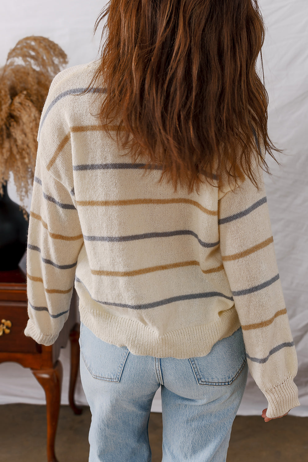 Striped Drop-Shoulder Rib-Knit Edge Knit Top in Multicolour