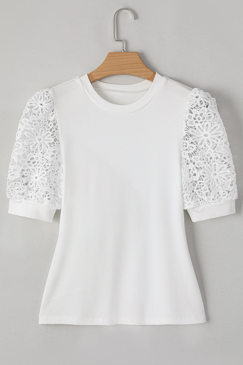 White Lace Floral Patchwork Ribbed Knit T Shirt