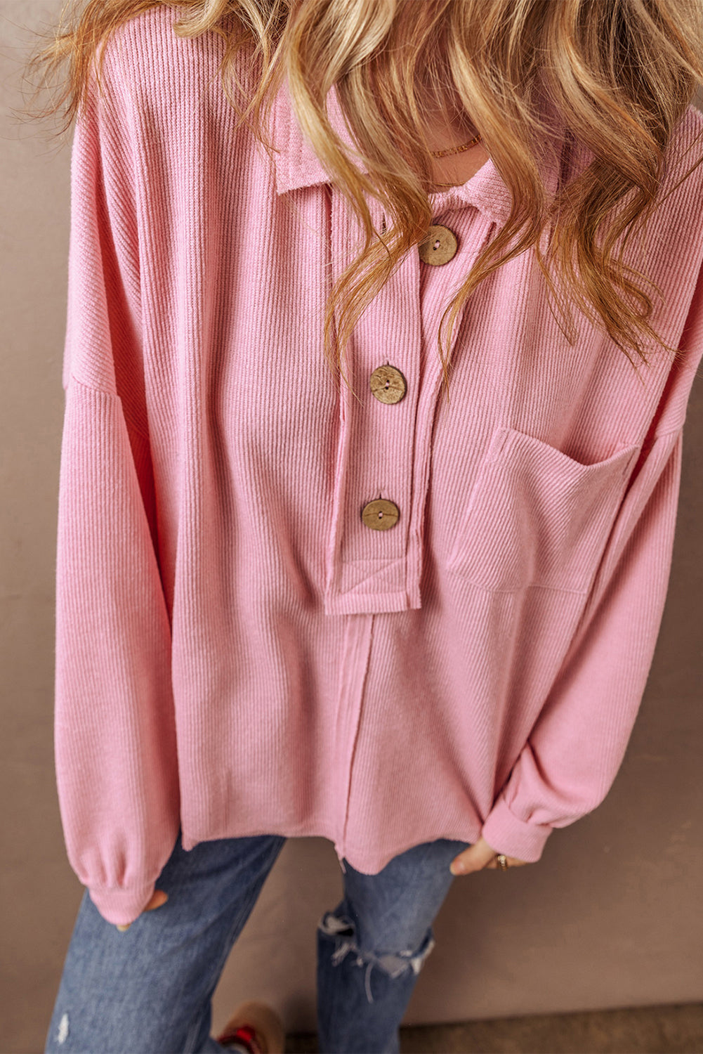 Ribbed Knit Collared Henley Top with Chest Pocket
