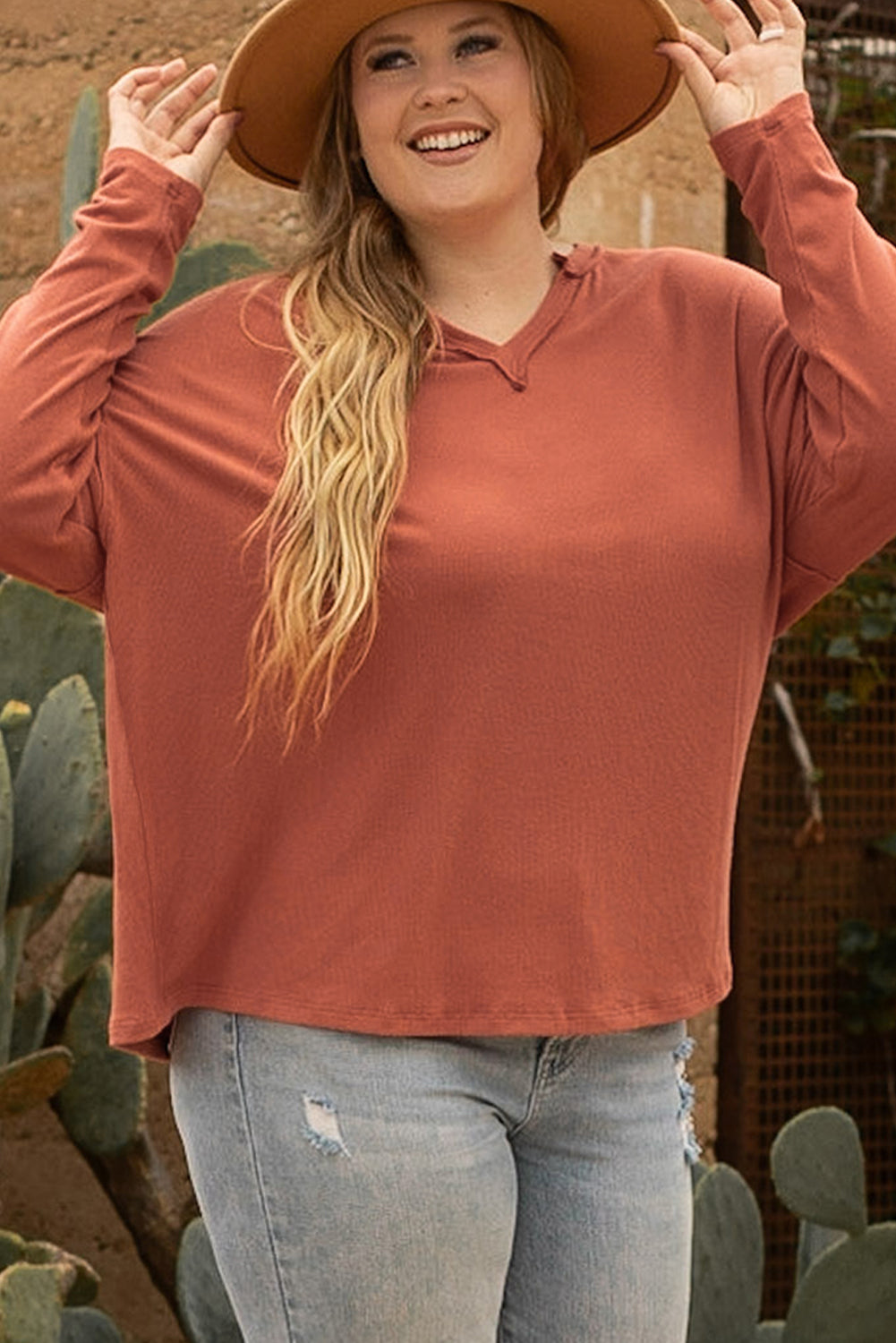 Women's Top with Plus Size V Neck Long-Sleeve