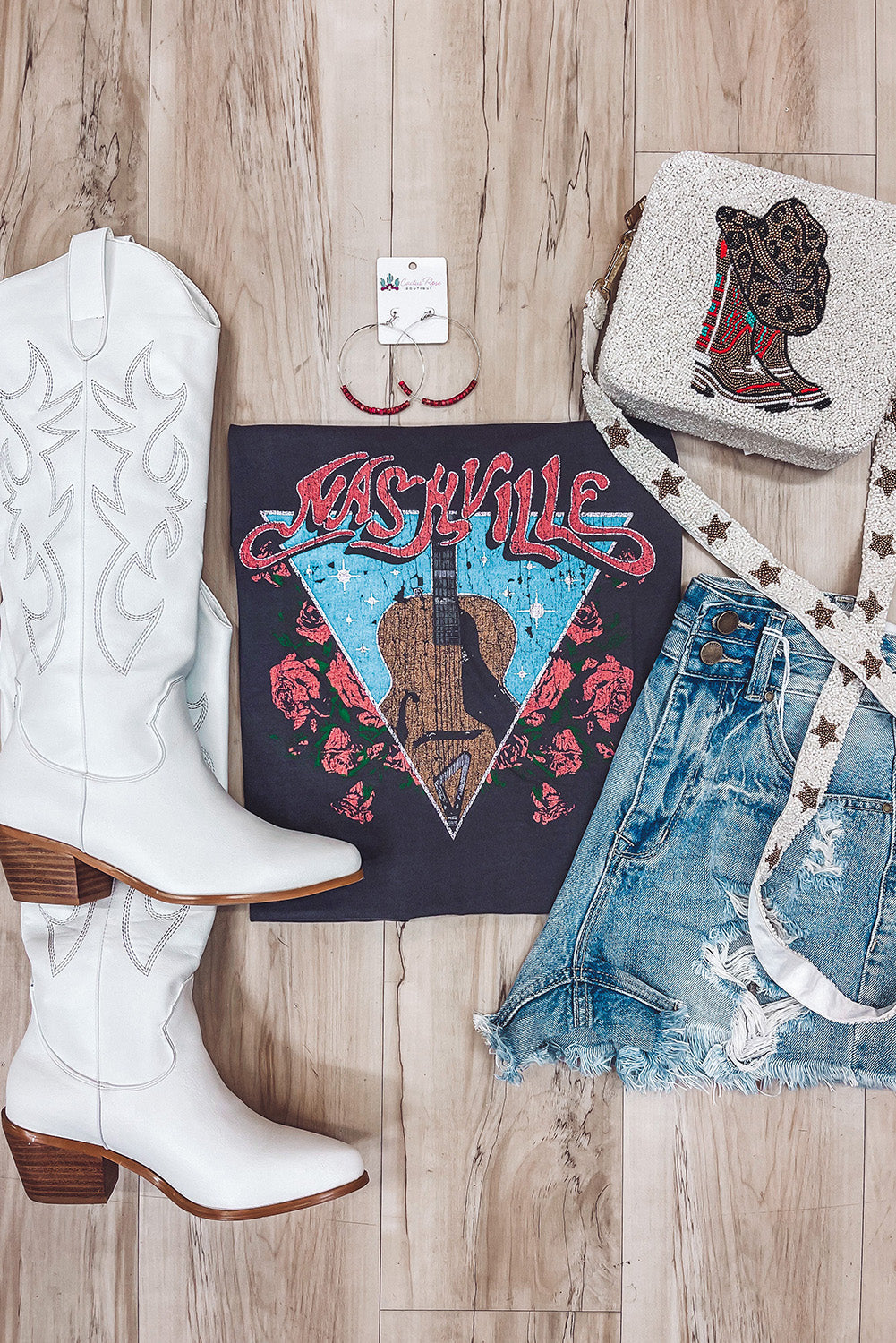 Women's T Shirt with Letter Graphic-Print Guitar Flower