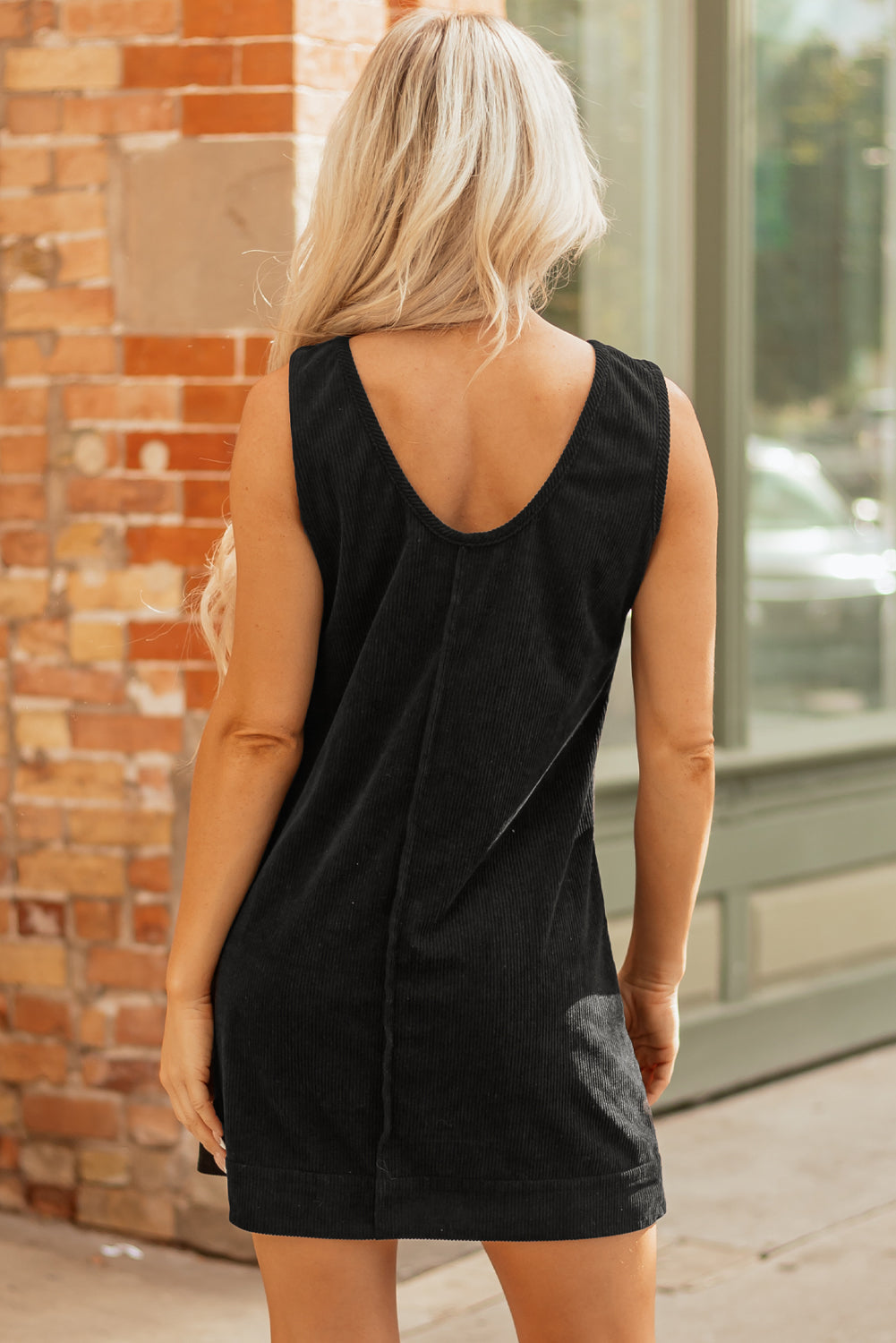 Sleeveless Mini Corduroy Mini Dress With Patched Pockets