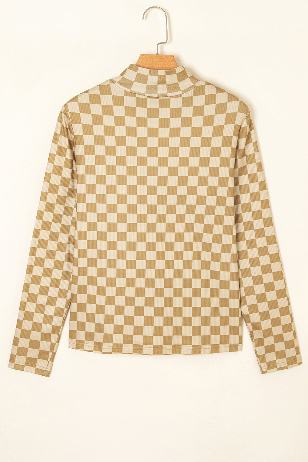 Turtleneck Check Pattern Rib-Knit Slim Long-Sleeved Tee in Khaki