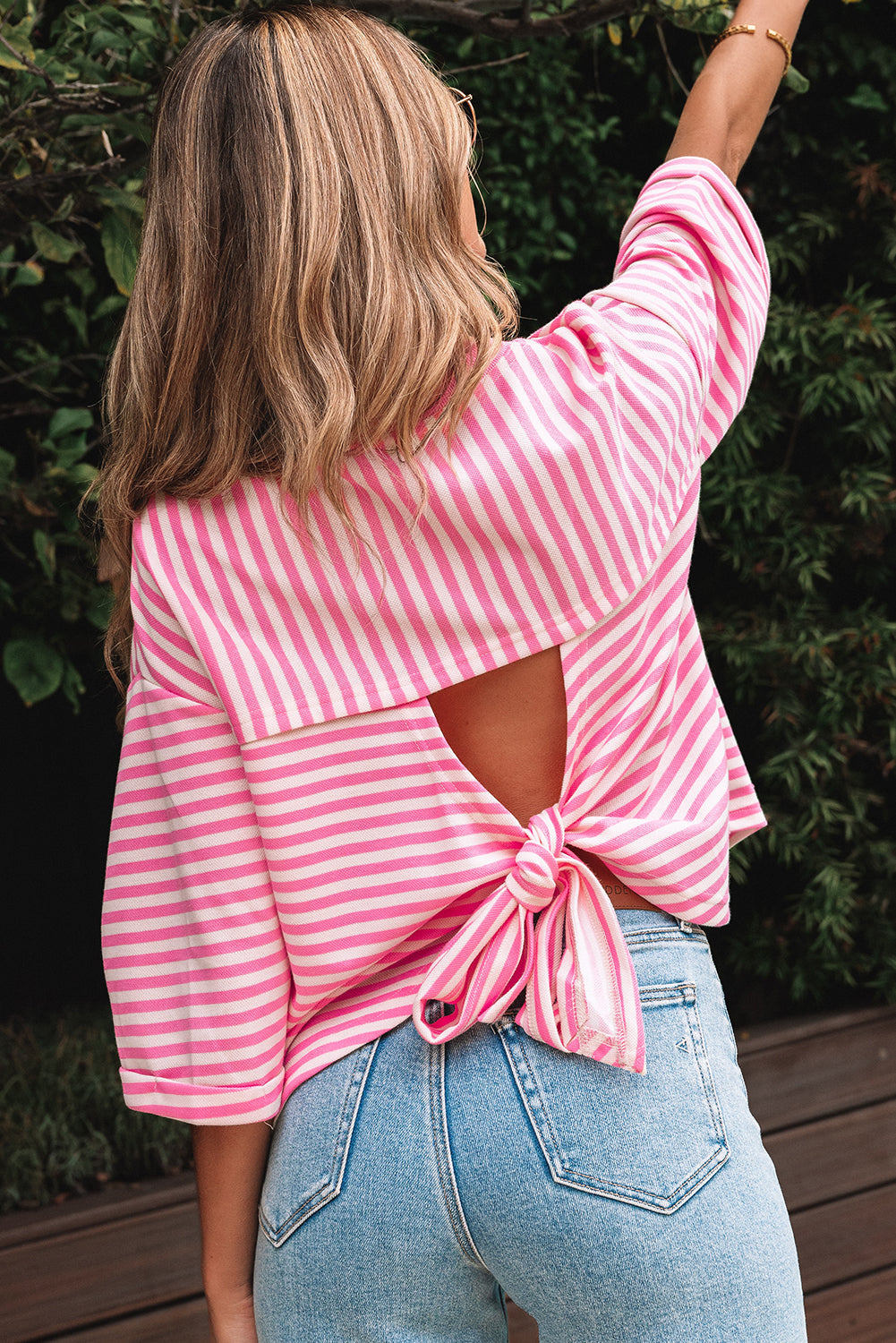 Back Bowknot Cutout Drop-Shoulder Wide Bracelet Sleeve Loose Tee