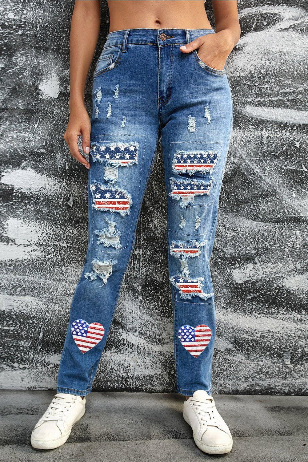 Women's Jeans Featuring Heart-shape American Flag Patch Frayed