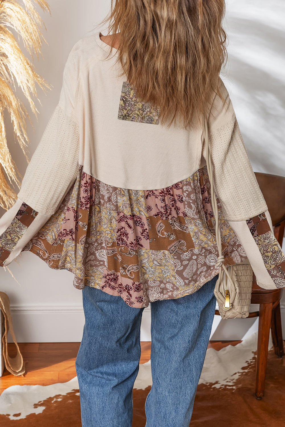 Paisley Contrast Ethnic Print Patchwork Long-Sleeved Loose Top