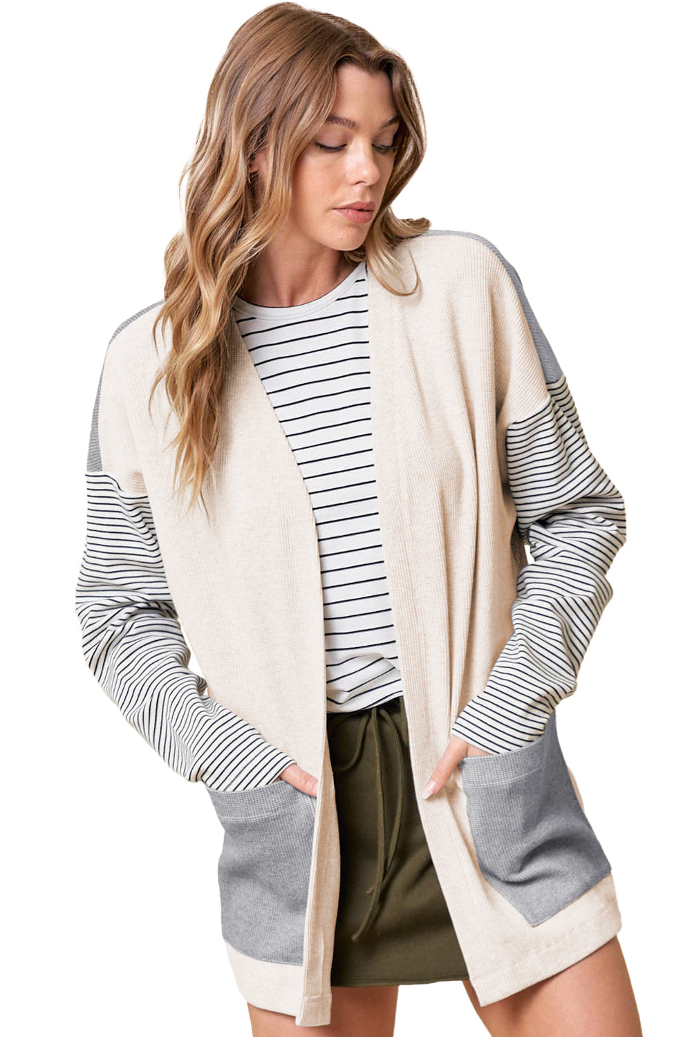 Patchwork Stripe Colorblock Open-Front Cardigan Featuring a Pocket in Black