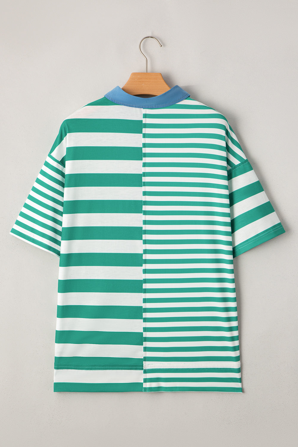 Green Stripe Collar Half Buttons T Shirt