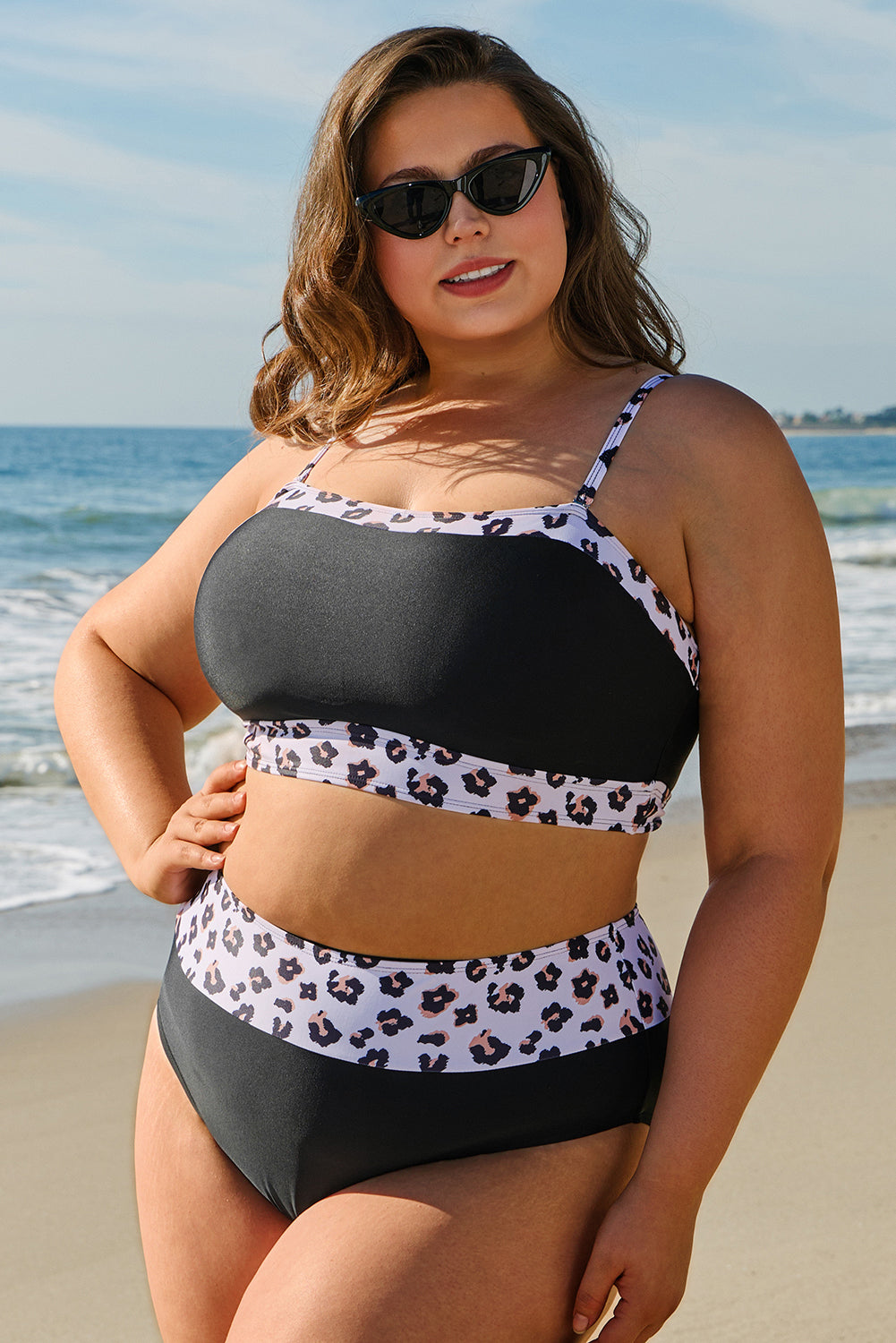 2pcs Black Leopard Patchwork Plus Size High Waisted Swimsuit