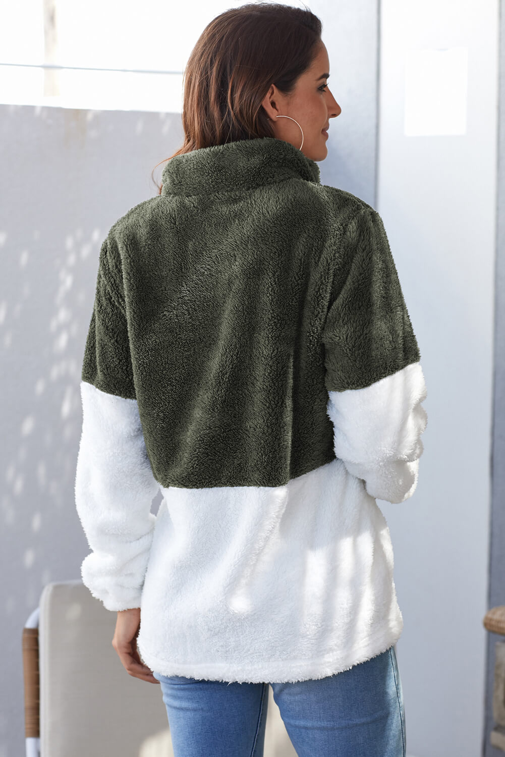 Women's Pullover with Women Atrovirens White Zip Neck Oversize Fluffy Fleece