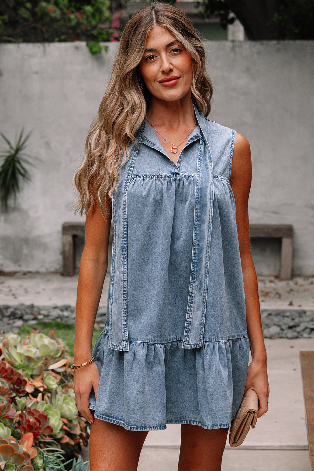 Sleeveless Bowknot Neck Ruffled Chambray Dress