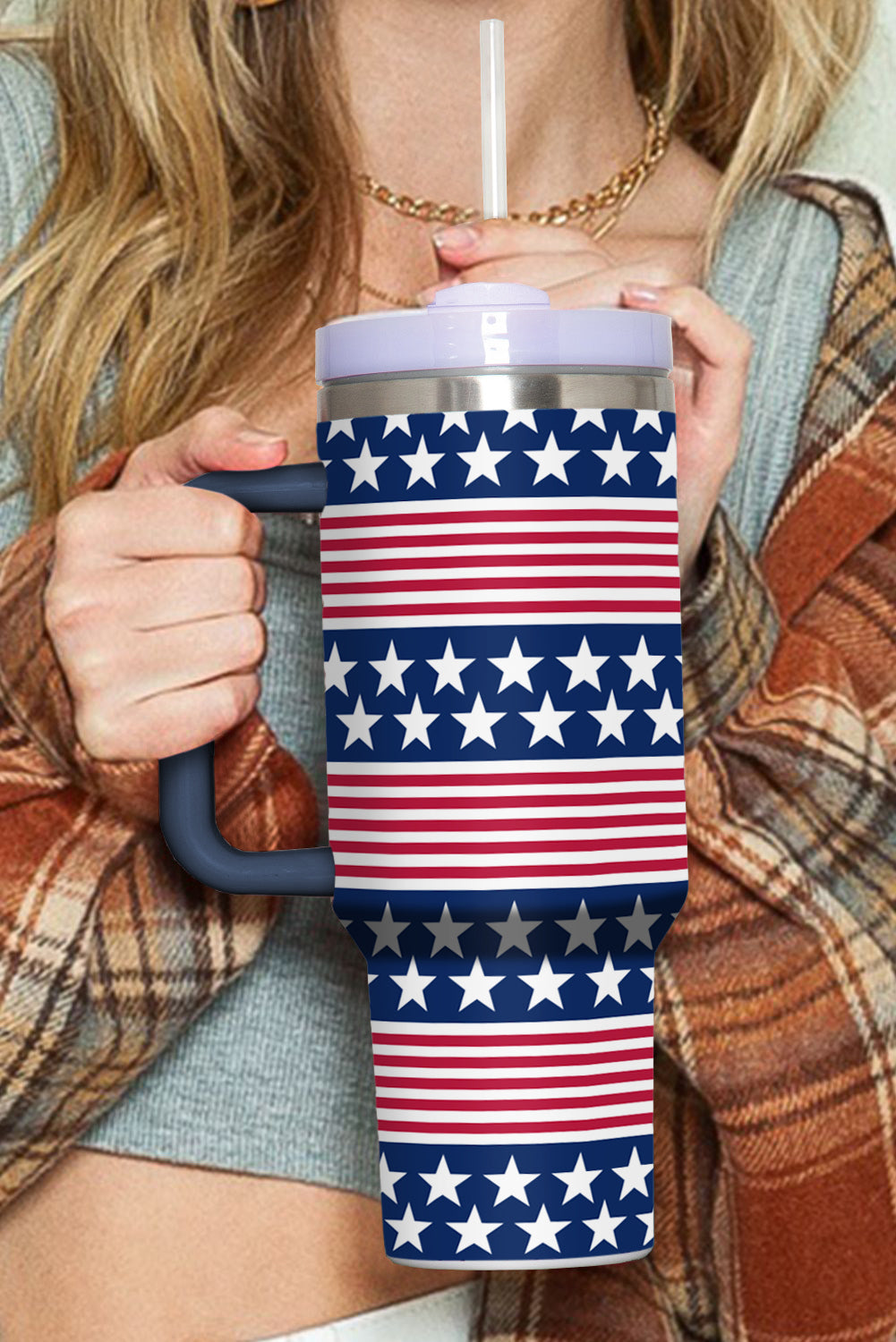 Stars Print and Stripes Handled Thermos Cup 40oz