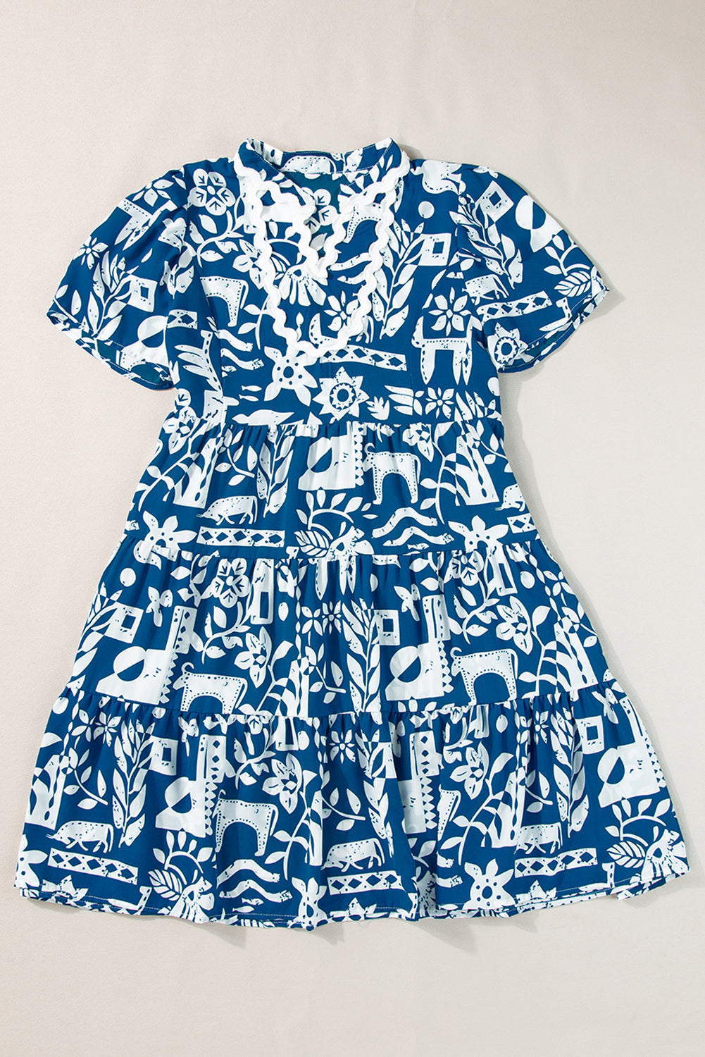 Ricrac Trim Split Neck Floral Loose Dress