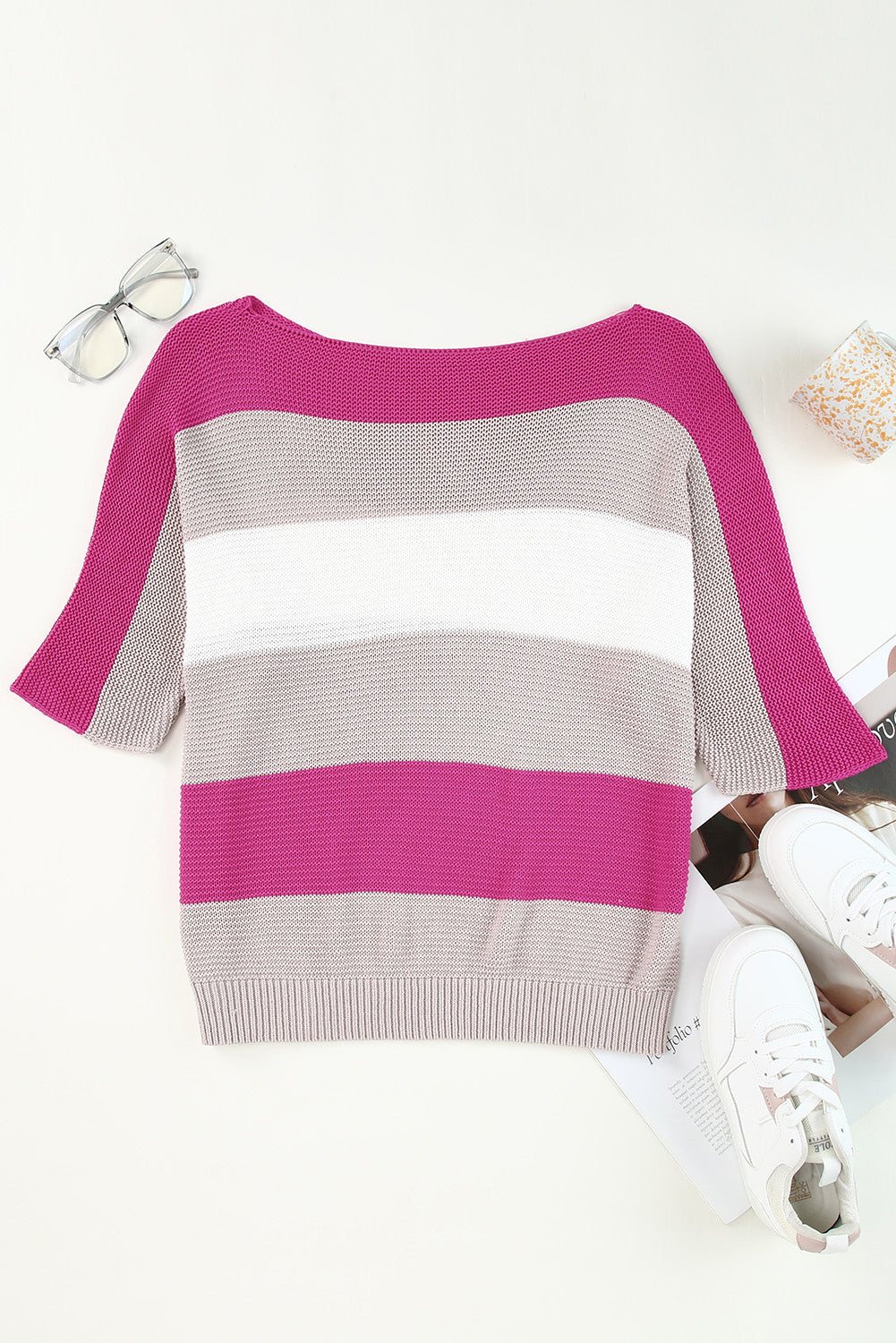 Women's Sweater Featuring Half Sleeve Stripe Knitted
