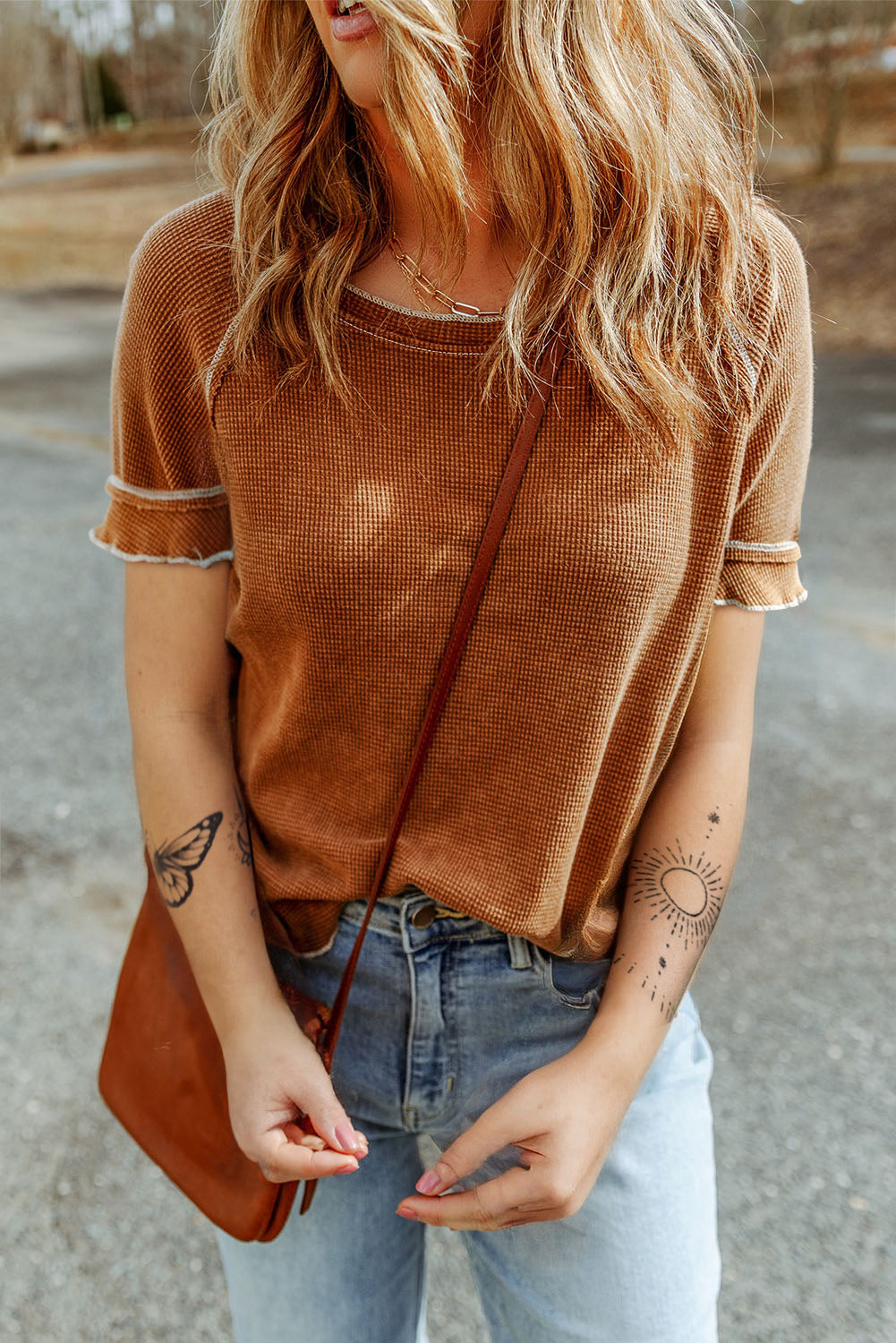 T-shirt for Women Waffle Knitted Frill-Trimmed Edge