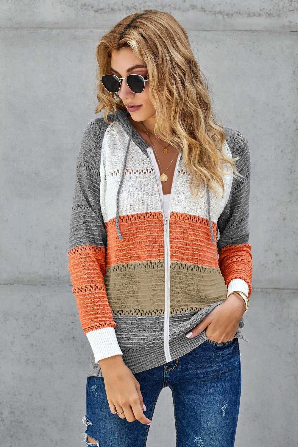 Women's Hoodie Featuring Hollow-out Knitted Womens Zipped Front Gray Color-Block