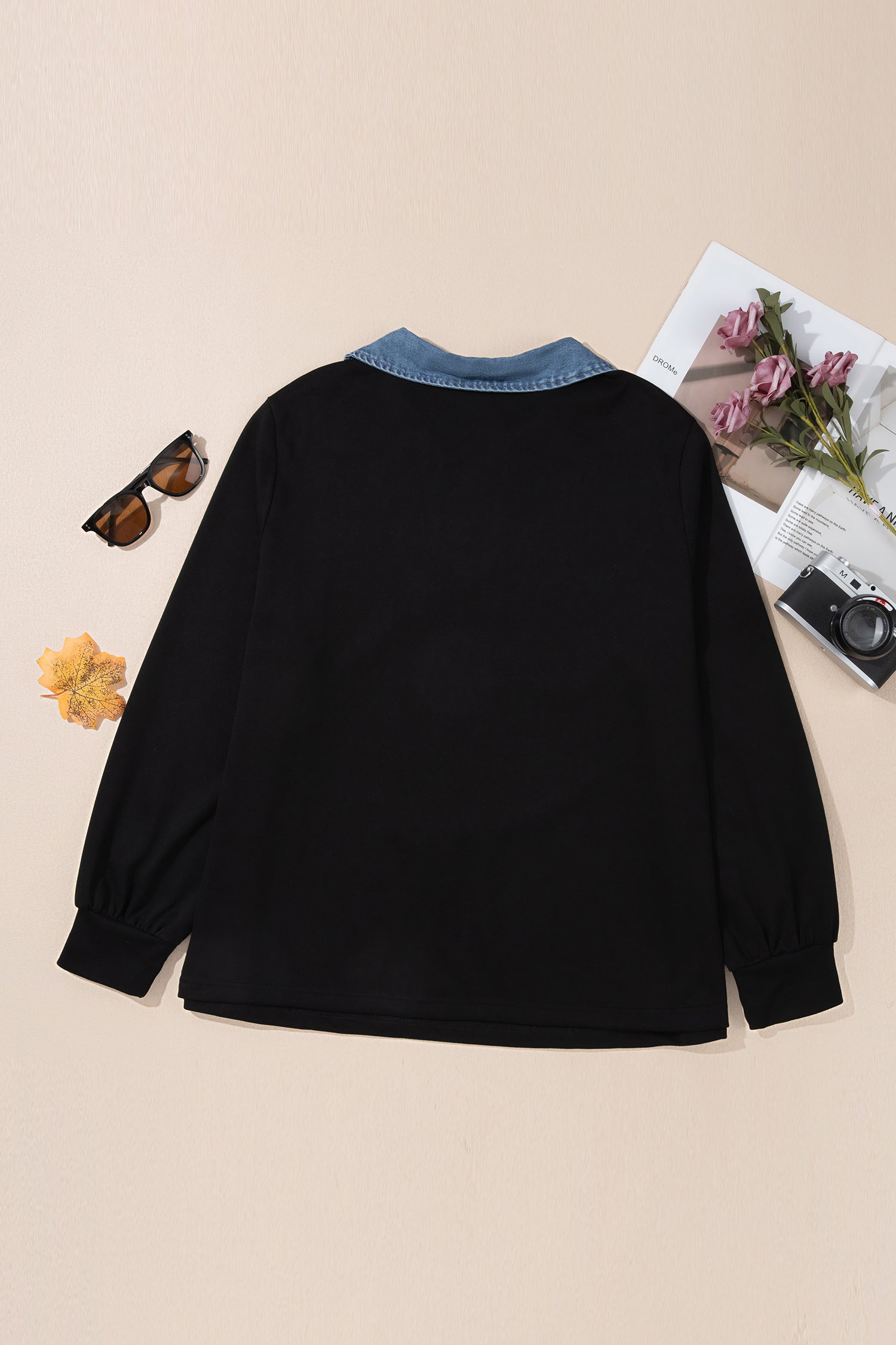 Solid V-Neck Tunic Shift Long-Sleeved Plus Size Blouse in Black