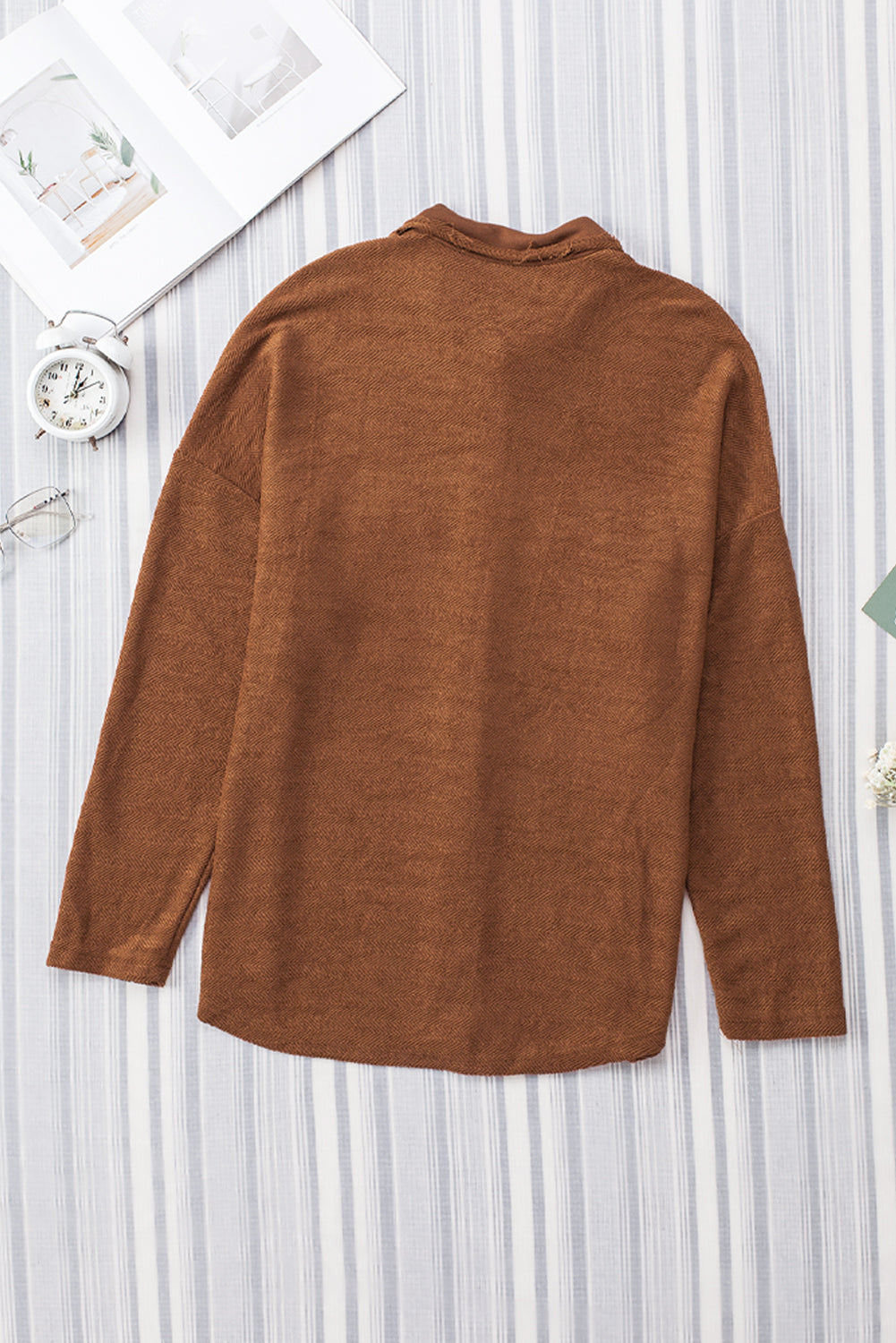 Women's Contrast Flap Pockets Brown Relaxed Shacket