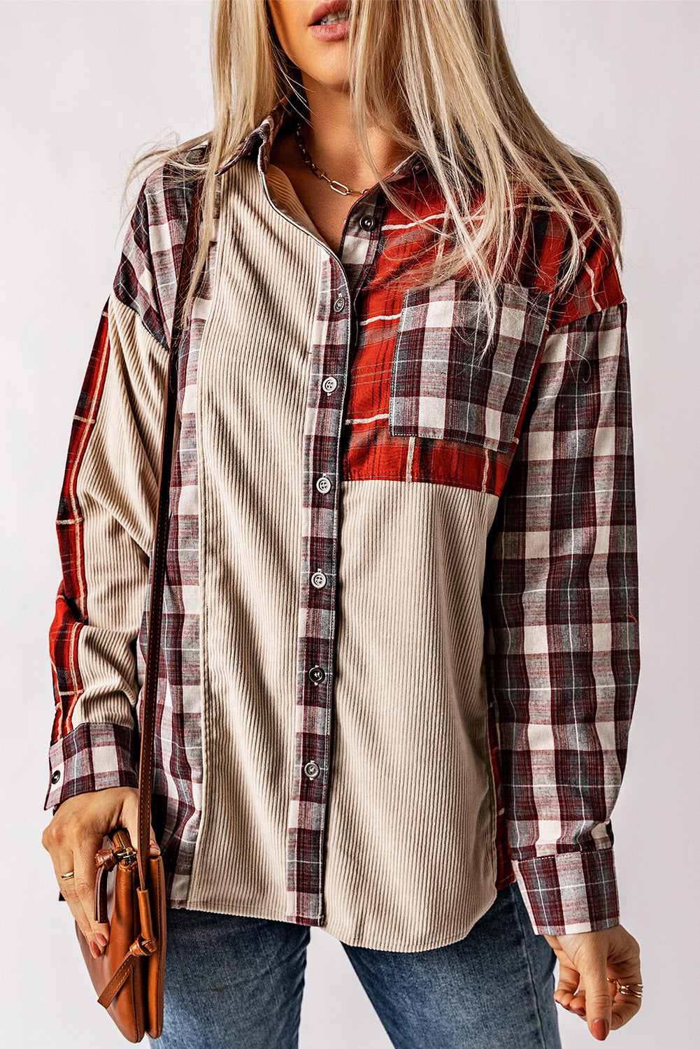 Women's Patchwork Plaid Cord Shacket
