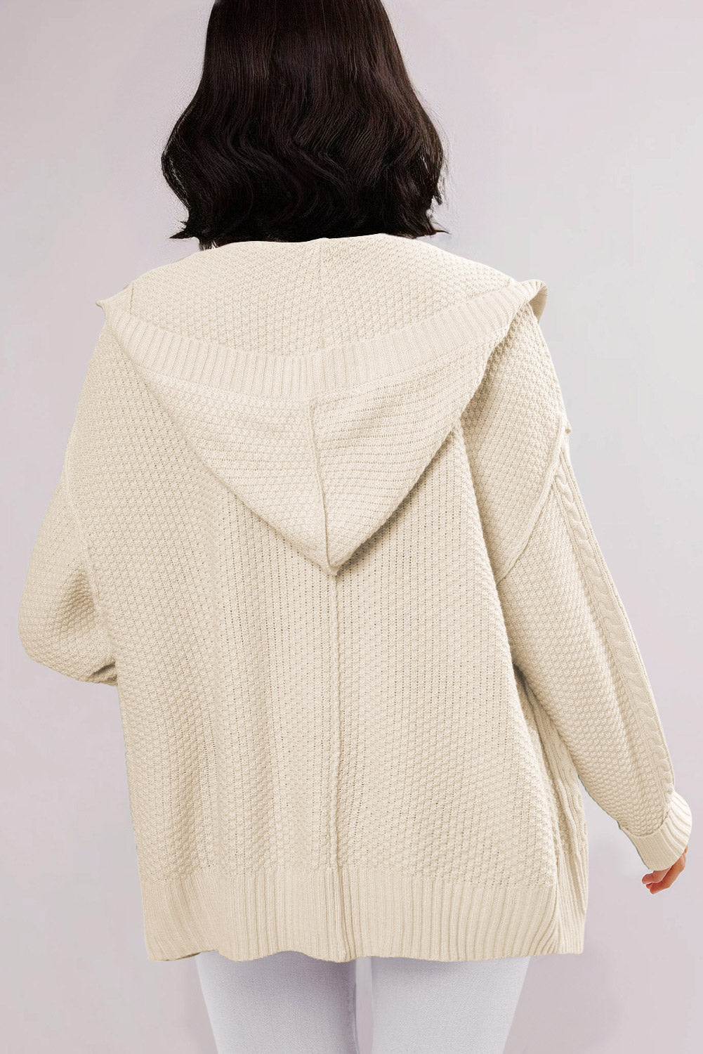 Cable Uneven Knit Texture Hem Hooded Polished Cardigan