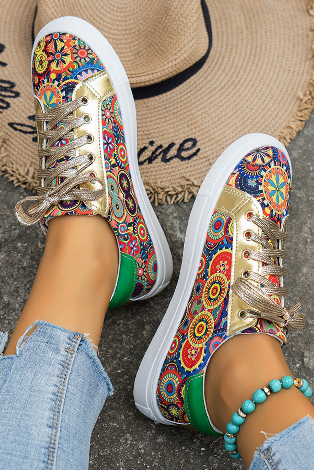 Floral Lace-up Sleek Patchwork Flat Shoes