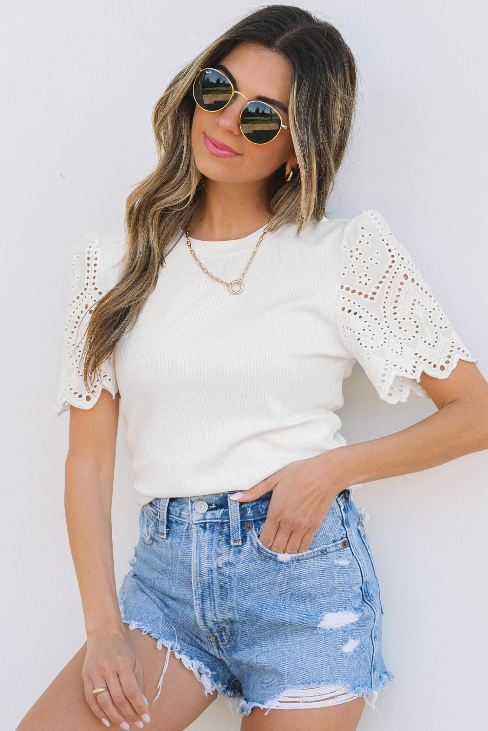 White Eyelet Pattern Short Sleeve Ribbed Top