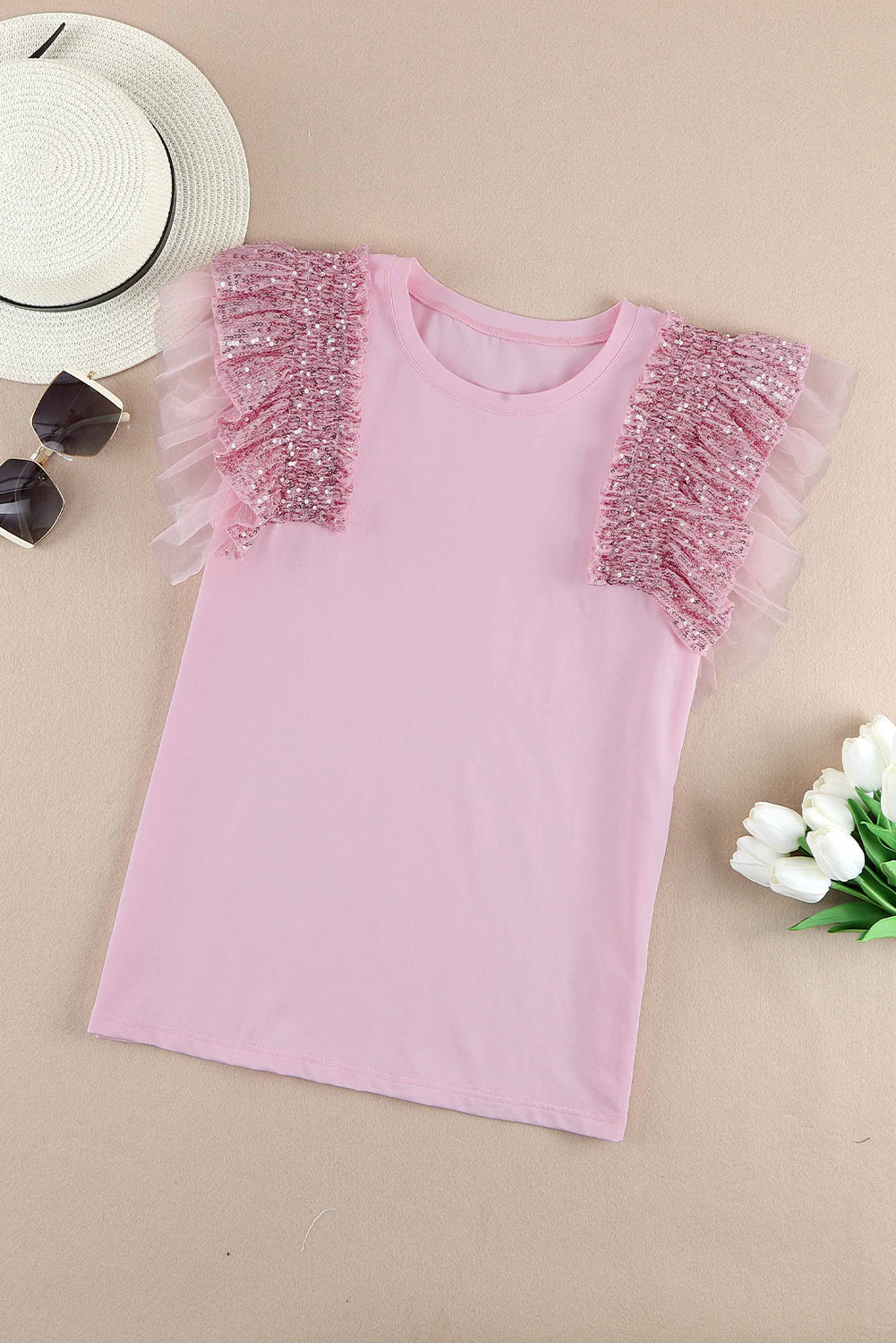 Top for Women Mesh Sleeves Sequined Ruffle-Trimmed