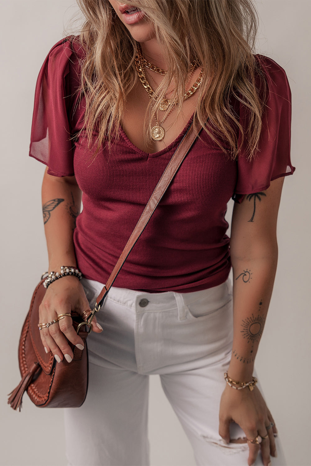 Red Mesh Ruffled Sleeve Slim Fit V Neck Top