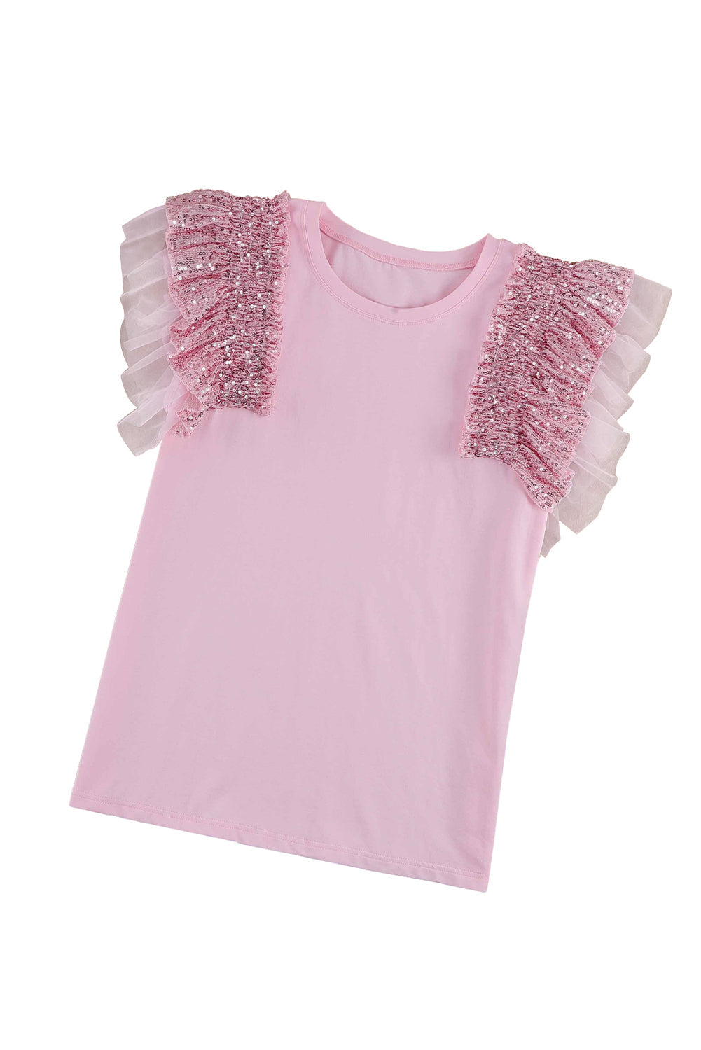 Top for Women Mesh Sleeves Sequined Ruffle-Trimmed